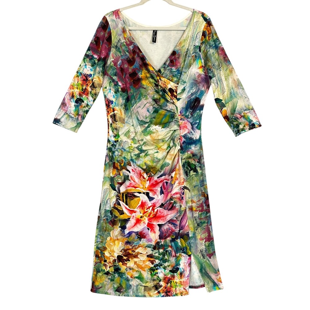 Elana Kattan Faux Wrap Dress L Ruched Stretch Fitted Floral Art‎ Boho USA  Y2K